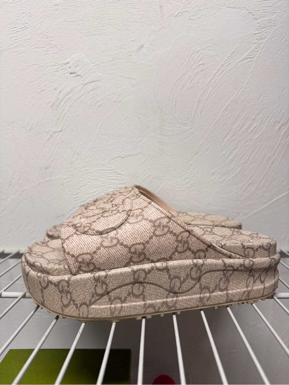 Gucci Beige Monogram Platform Slide Sandals